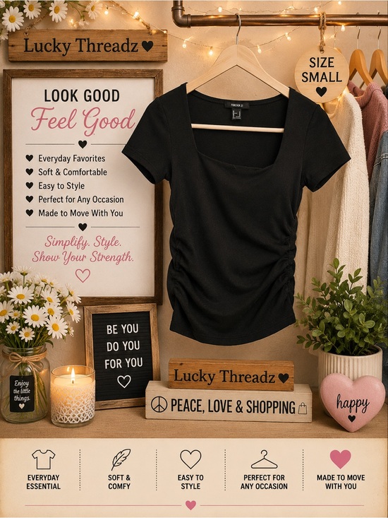 Tops - Black Ruched Short-Sleeve Top - Small